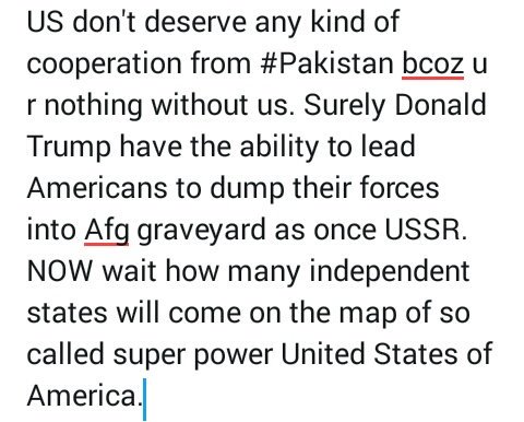 lines4_innocent's tweet photo. @USDOSDOT_Urdu @StateDept @realDonaldTrump 
US don't deserve any kind of cooperation from #Pakistan because you are nothing without us in Afghanistan... https://t.co/qSQ1ily4rU
