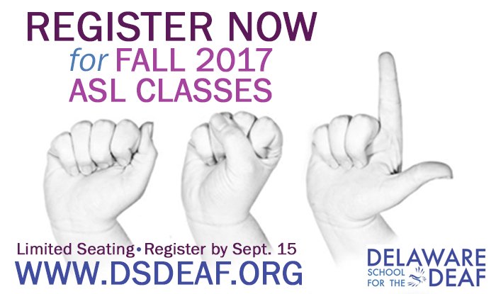 ChristinaK12's tweet photo. Learn American Sign Language! Registration is now open for Fall 2017 ASL Classes at @DSDeaf. | #DSDeaf  https://t.co/MvuDDIuNwW https://t.co/GJ1NpRMsxG