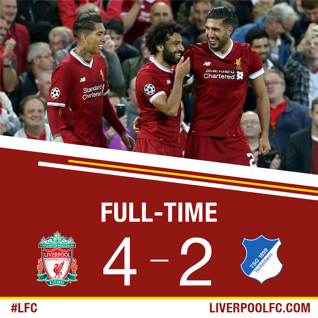 LFCIndonesia's tweet photo. FT: Liverpool 4-2 Hoffenheim (Agregat 6-3). Kami kembali ke Liga Champions! https://t.co/oprKV4W5sk #LFCIndonesia #LFC https://t.co/LvFEnNJUHZ