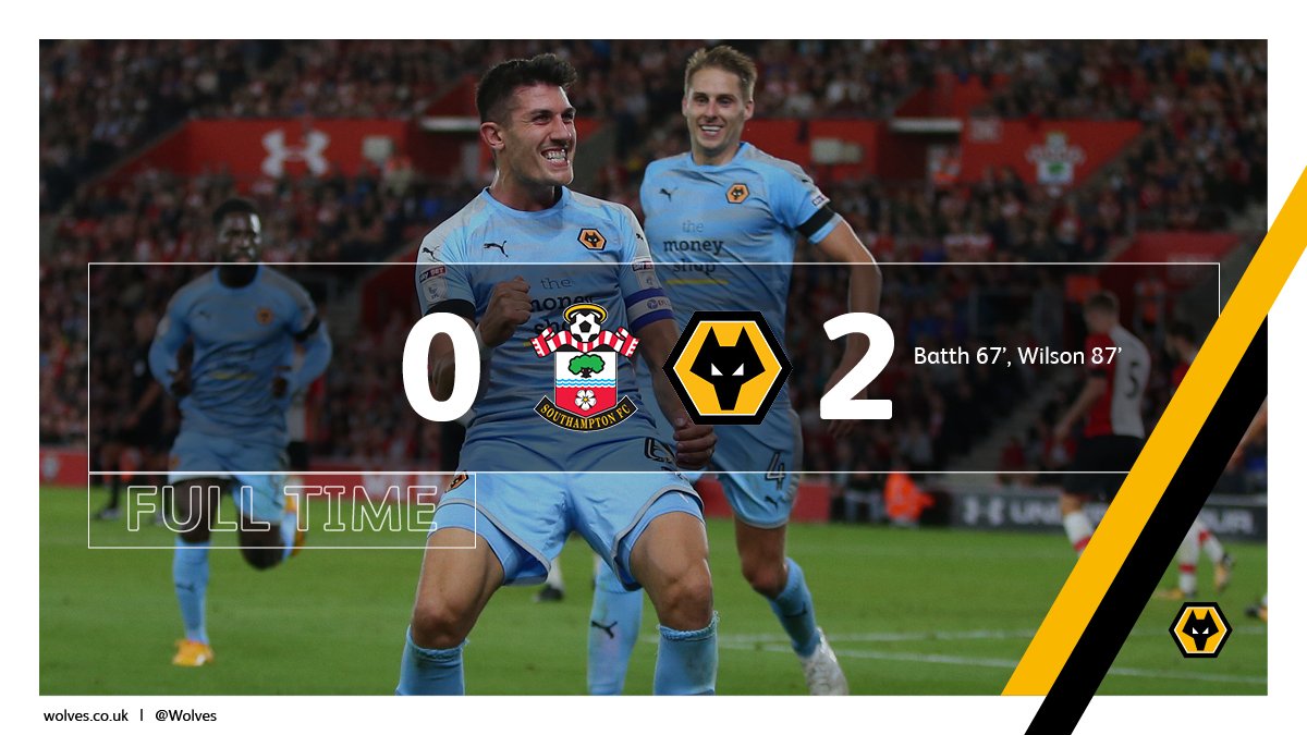 Wolves's tweet photo. Wolves run out winners at St Mary's through second half goals from @Danny_Batth and @1DonovanWilson. Into the next round. #SOUvWOL https://t.co/kNHOZkulcn