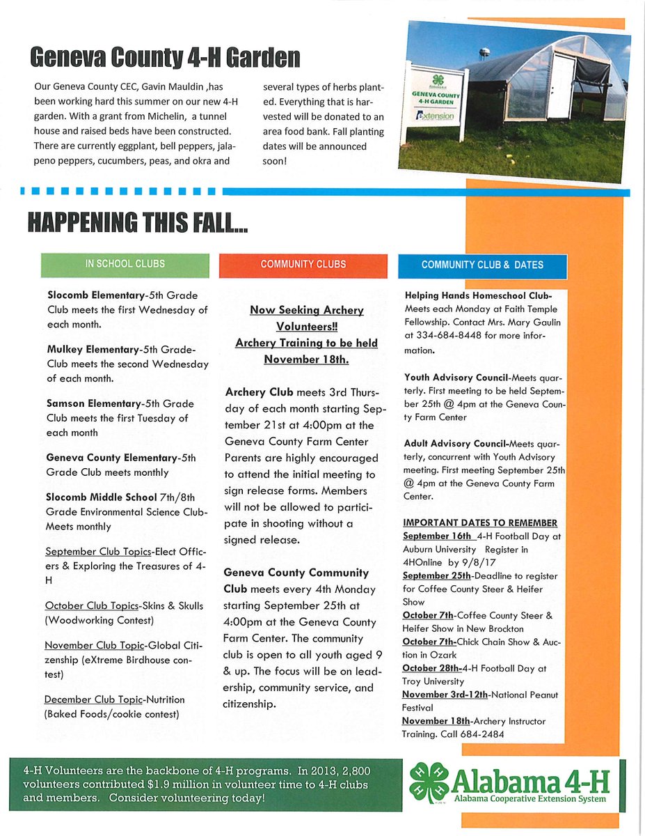 The Fall Geneva County 4-H Newsletter is out now!!!! Call 334-684-2484 for any 4-H info.