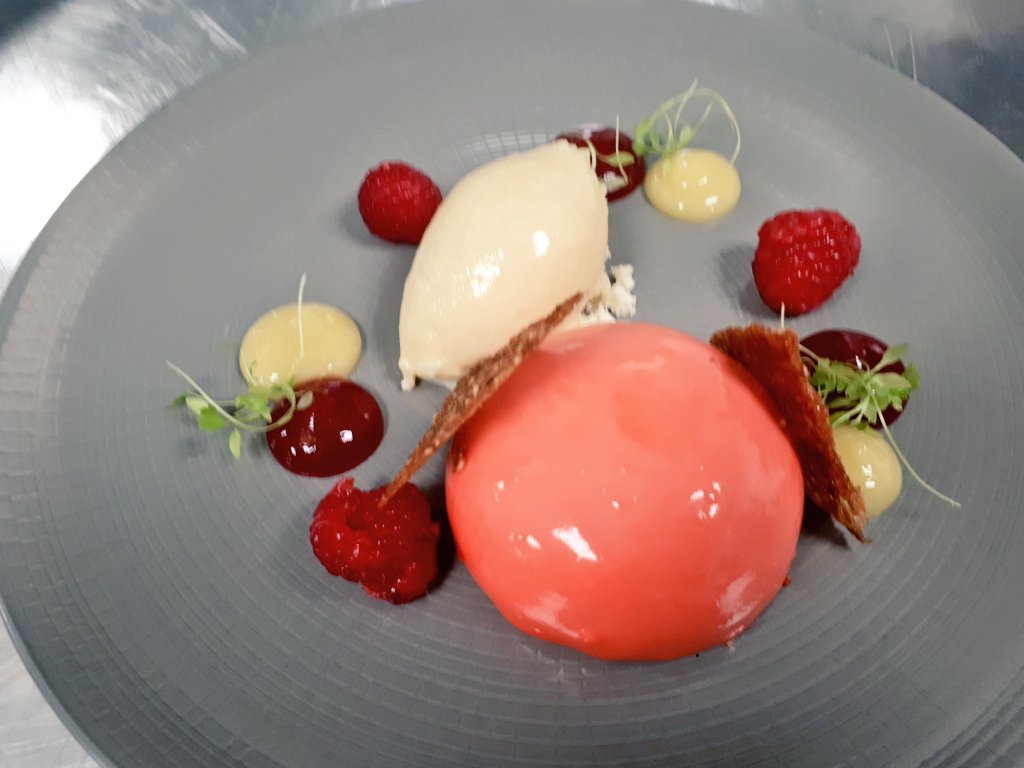 Glazed raspberry bavarois, vanilla sponge, hazelnut tuile, lemon curd ice-cream #belltower <a href="/CastlemartyrRes/">Castlemartyr Resort</a>  #dessert #pastrychef