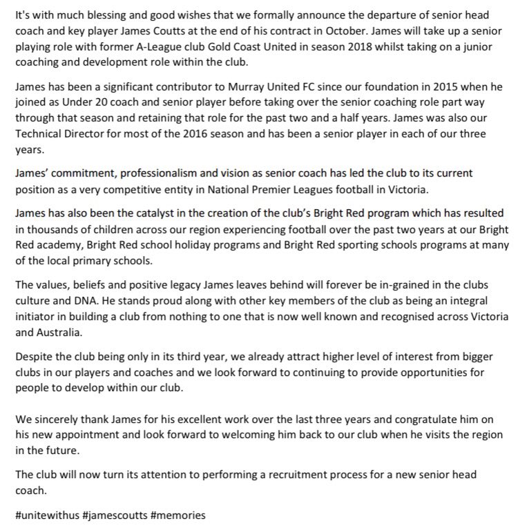 BREAKING: <a href="/murrayunitedfc/">Murray United FC</a> confirms Coach James Coutts has signed with <a href="/gcunitedfc/">Gold Coast United FC</a> for the 2018 season full details at 6 <a href="/WINNews_Alb/">WIN News Albury</a> #NPL