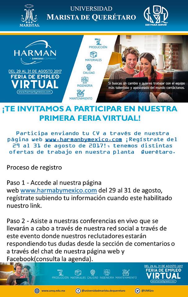 UMQro's tweet photo. ¡Te invitamos a participar en nuestra primera feria virtual!
#Registro en Facebook: feria de empleo virtual Harman Qro. 2017

#serparaservir https://t.co/BgNpbTF7vx