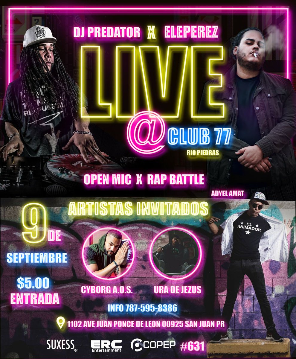 djpredatorpr's tweet photo. Sabado 9 de Septiembre
@Club77

#ElePerez #DjPredator #CyborgAOS #UraDeJesus

#HipHop https://t.co/Jnfd1mAQGP