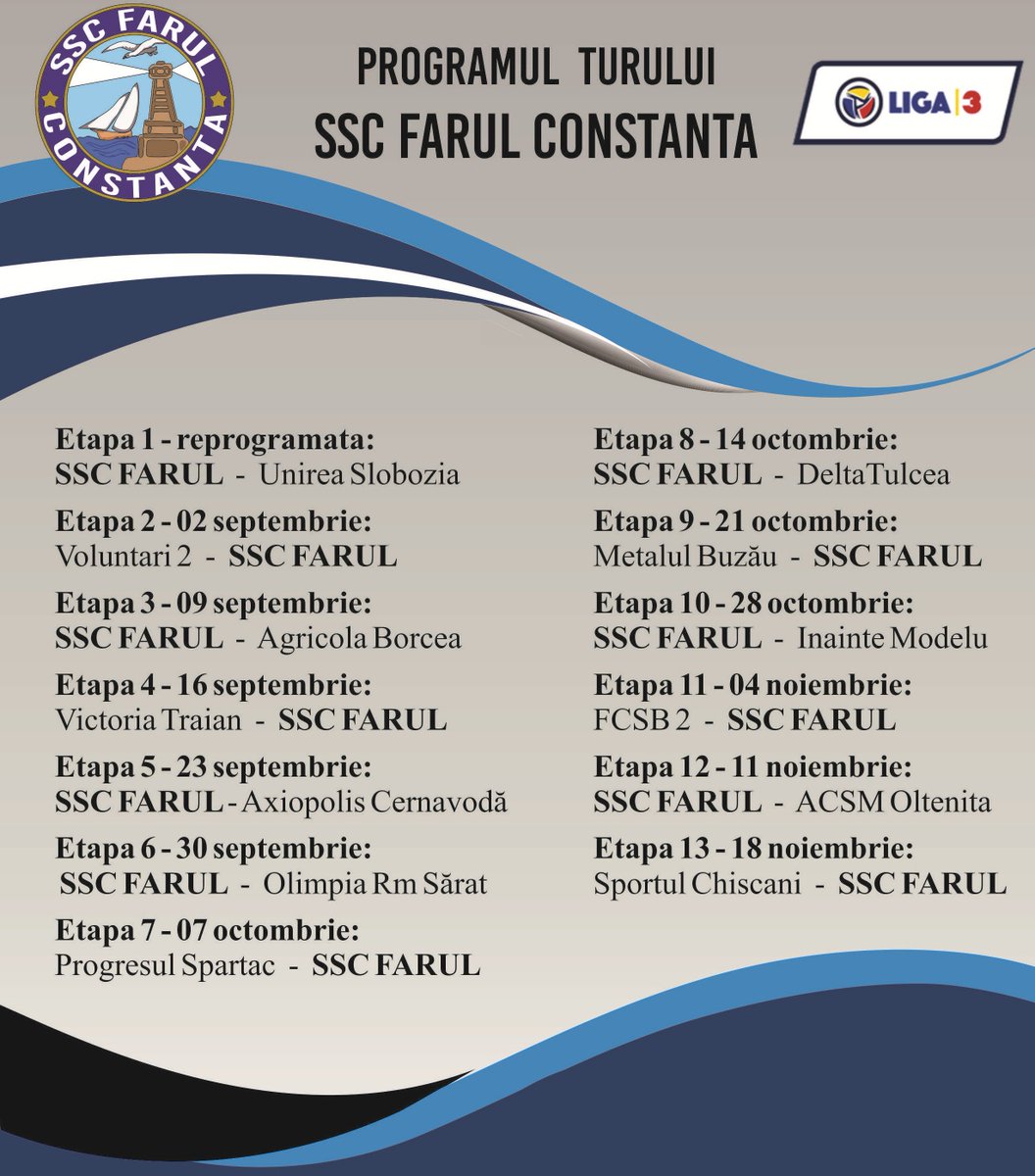 SSC_FARUL's tweet photo. Noul program al seriei a II-a, Liga 3 :
#constanta #romania #liga1 #farul #fotbal #farulconstanta #Romanian #sport #mamaia #fcfarul
🏆 https://t.co/cT78qsDrvv