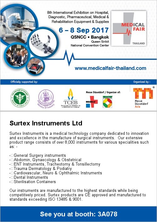 SurtexInstrum's tweet photo. Meet Surtex at Medical Fair Asia 6 Sep - 8 Sep Bangkok
Booth 3A078 UK Pavilion https://t.co/JGly60xawP