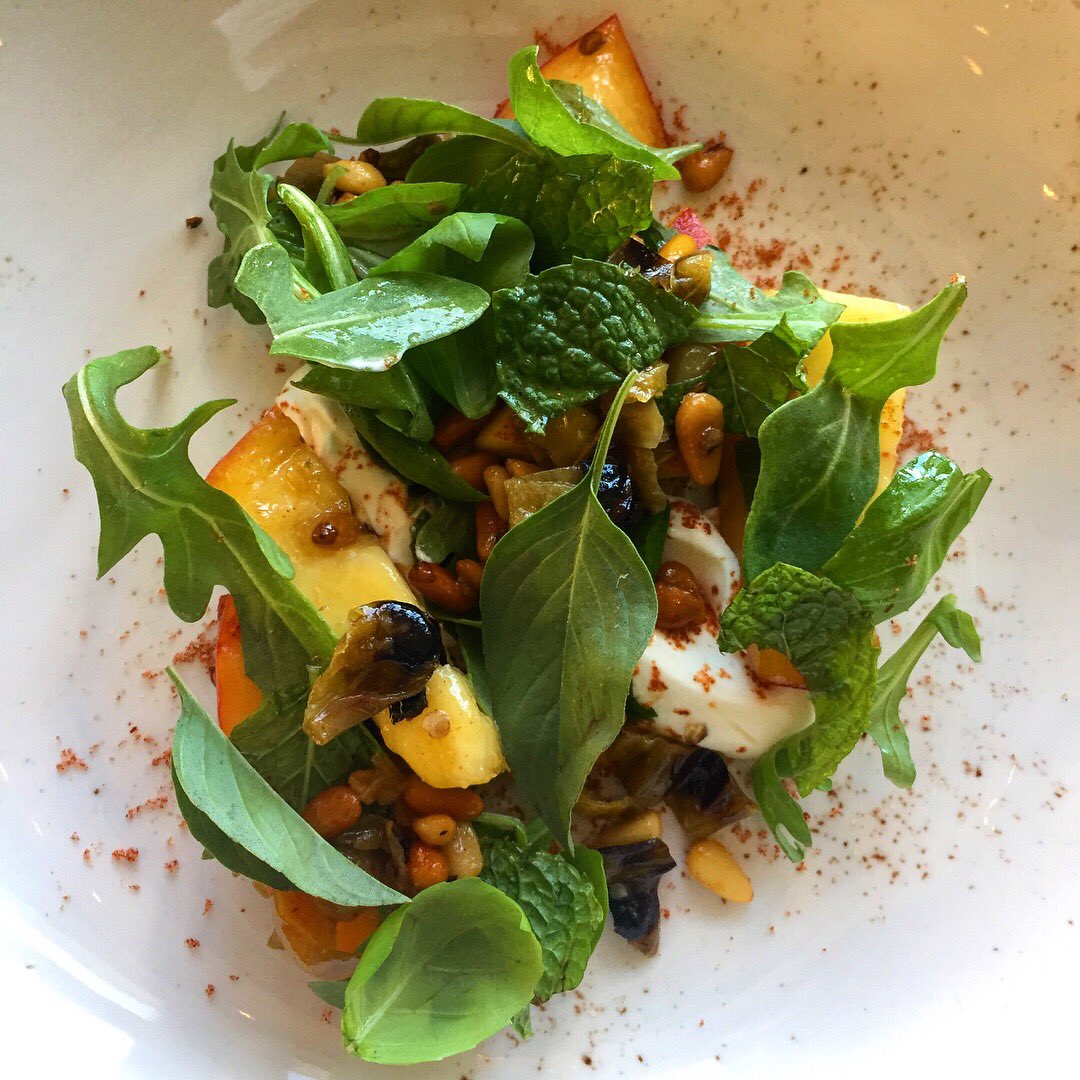 charcoalbyob's tweet photo. N.J. Peaches, shishito peppers, BBQ pine nuts, crème fraiche #yrw2017 https://t.co/KA2zZVeVca