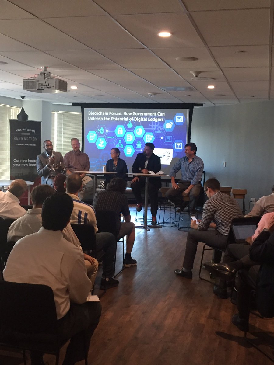 And we are off here at our #Blockchain Forum at @refractionpt. Great crowd tonight. Thanks to our sponsors <a href="/FairfaxEDA/">Fairfax County EDA</a> <a href="/bytecubed/">ByteCubed/U.Group</a>.