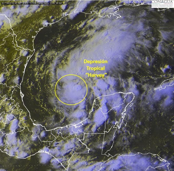 #DepresiónTropical #Harvey en el Golfo de México se localiza a 235 km al oeste-noroeste de Celestún #Yucatán