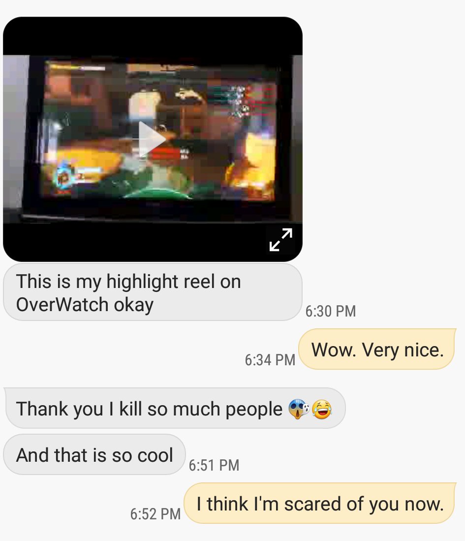 Sprtakuz's tweet photo. My 8 year old daughter sends me a text of her POTG. She got 5 with this ULT as D.va. @PlayOverwatch #sleepwitheyesopen https://t.co/0Tdld7dOlR