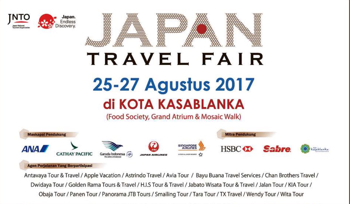 mizz_promo's tweet photo. Visit #JapanTravelFair2017 at @kotakasablanka on 25-27 Aug 2017!๐ฏ๐ตโ๏ธ๐ฏ
Ticket Japan starts from 3,9 mio.
#MizzPromo https://t.co/7zq29Ye2L1