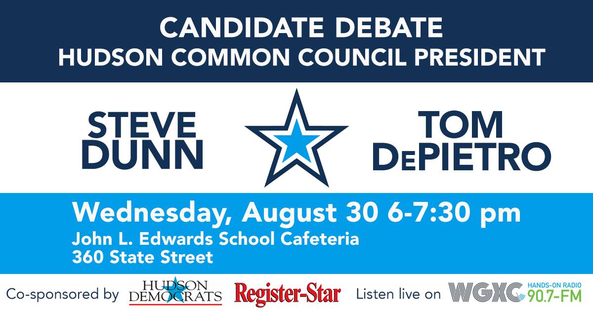 8/30 - debate hosted by <a href="/RSnewsroom/">Register-Star</a> <a href="/ccchamberny/">Columbia County Chamber of Commerce</a> &amp; <a href="/HudsonDemocrats/">Hudson Democrats</a> . 
John L. Edwards Elementary - 6:00pm - 7:30.
facebook.com/events/1903713…