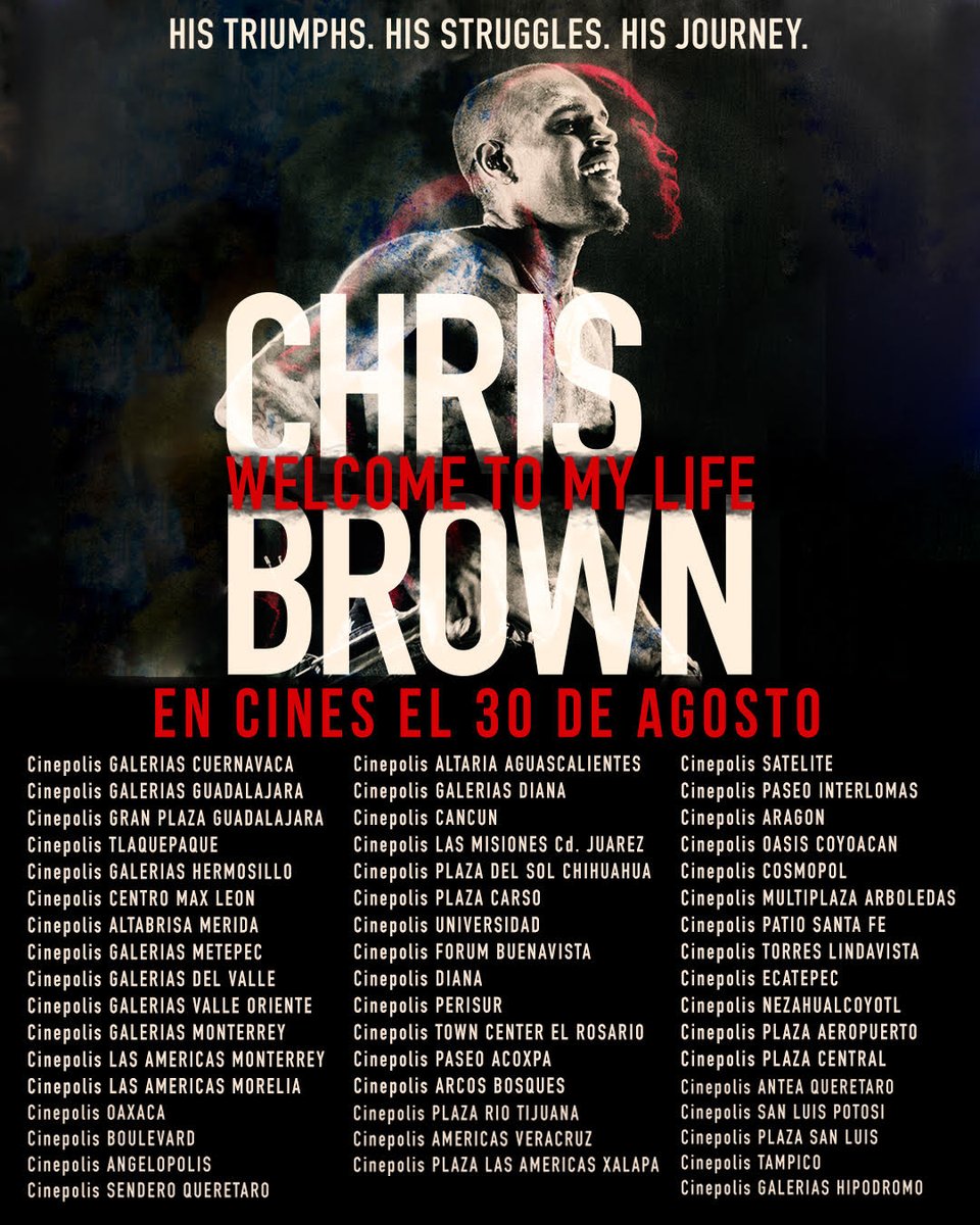 chrisbrown's tweet photo. MEXICO #WelcomeToMyLife is in theaters August 30th for one night only!!
Get Tickets:
https://t.co/eWutDKKkCS https://t.co/80mvccZlyI