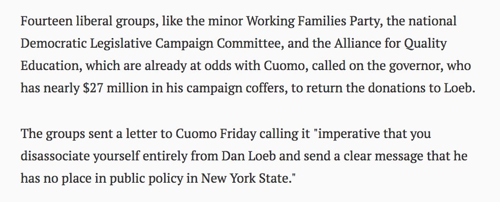 Chorus grows in NY for <a href="/NYGovCuomo/">Archive: Governor Andrew Cuomo</a> to return toxic 💰💰💰 of bigoted billionaire Dan Loeb. nydn.us/2vVQpCW