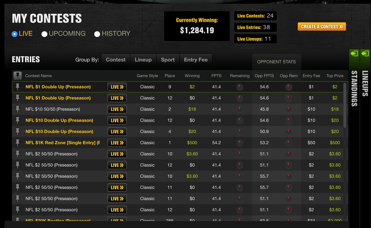 Draftshot's tweet image. Good back to back nights from #teamdraftshot in NFL pre season. Had Hunt in most of my lineups for cash. OJ Howard had a goose egg.