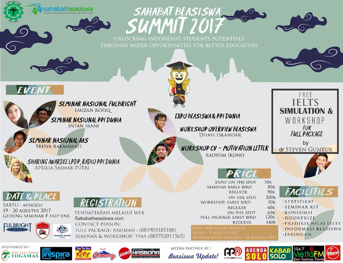 Jadilah bagian dari ajang perdana kami, #SBSummit2017 di Solo pada 18-20 Agustus nanti 😍
#sahabatbeasiswa , everyone can get scholarship ;)