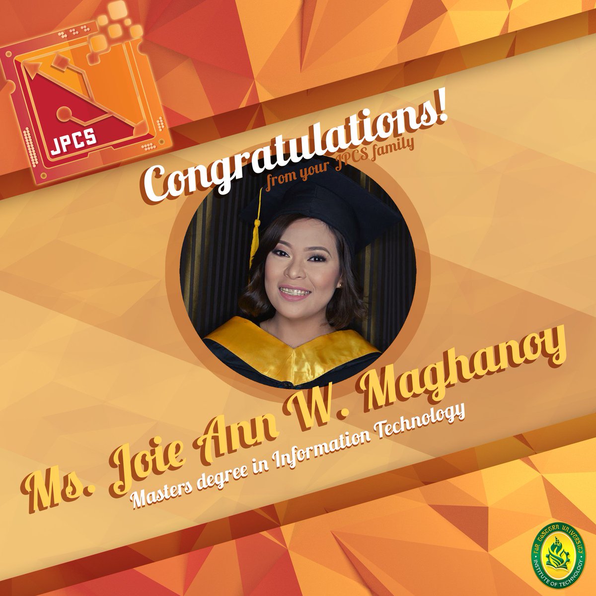 jpcsfit's tweet photo. JPCS gives their heartfelt congratulations to their wonderful adviser, Ms. Joie for graduating Masters in Information Technology.#Upsurge https://t.co/cZll422vKM