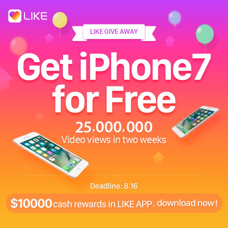 likee_official's tweet photo. LIKE FANS GIVEAWAY! Follow us &amp; retweet this post, 12 lucky users will get a free iPhone7!Download: https://t.co/72KK5SPkAG #LIKEfreeiPhone7 https://t.co/BNHdgZmw0A