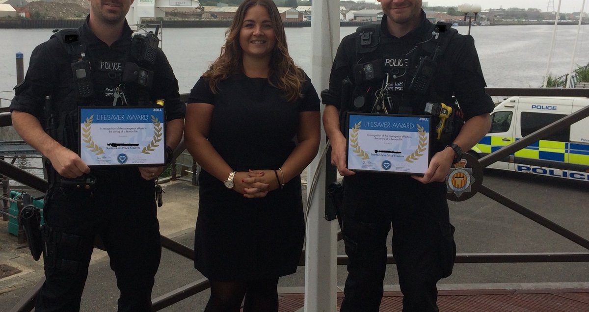 NPFSU's tweet photo. Two of our chaps receiving an award from Lyndsey Westcott (Zoll defibs). They saved a life on patrol in the Metro Centre #ProudToProtect 👏 https://t.co/vq3zoeCB9K