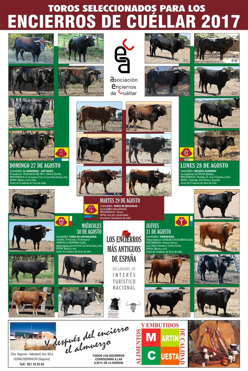 Cuéllar presenta sus astados para los encierros más antiguos de España.
Del 27 al 31 de Agosto 
<a href="/encierrocuellar/">A. Encierros Cuéllar</a>
