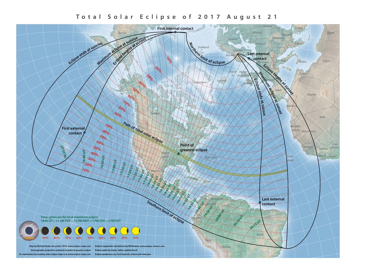 Cmdr_Hadfield's tweet image. Excellent map of where next Monday's eclipse will be visible, and how much of the Sun will be covered by the Moon. 
eclipse2017.nasa.gov