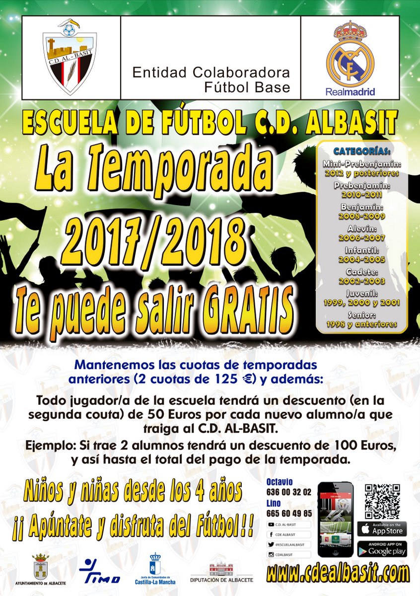EscuelaAlBasit's tweet photo. Mantenemos cuotas de temporadas anteriores, y la 17/18 te puede salir gratis!!
Ven a disfrutar en el C.D. AL-BASIT!!
https://t.co/ZcvqnJKINn https://t.co/QP3gV6IGxv