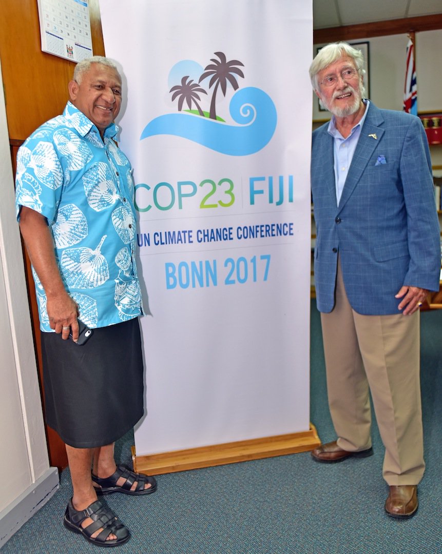 COP23's tweet photo. Incoming #COP23 Pres @FijiPM &amp; @JMCousteau - great minds discuss #ClimateAction plan &amp; how to #SaveOurOcean https://t.co/KqLdL5FPsZ