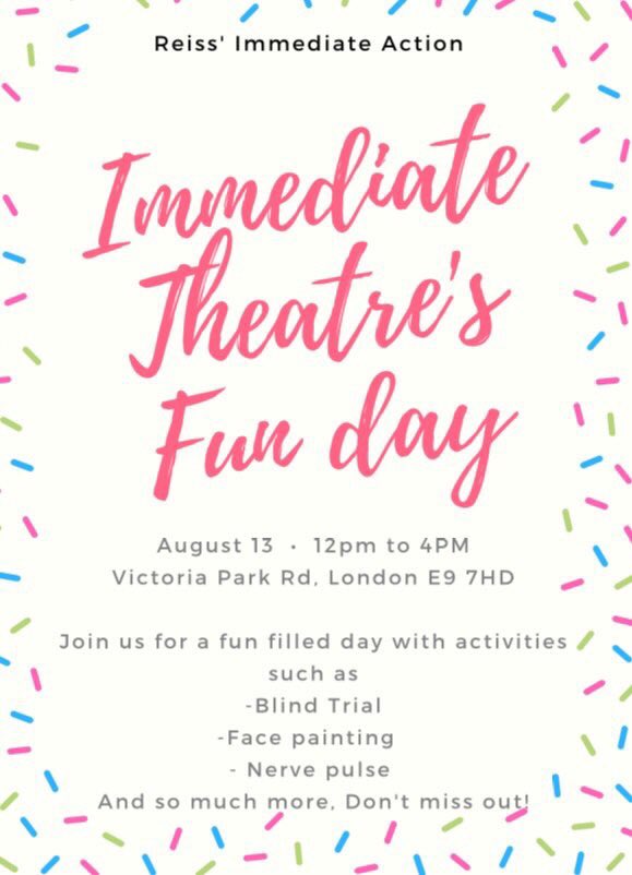 ReissImmediateA's tweet photo. @june1977charmz 
Come and join Immediate theatre's Funday on Sunday 13th August 🎉😌
#funday #fundraising #hackney #Victoria https://t.co/wxTImUaqEC