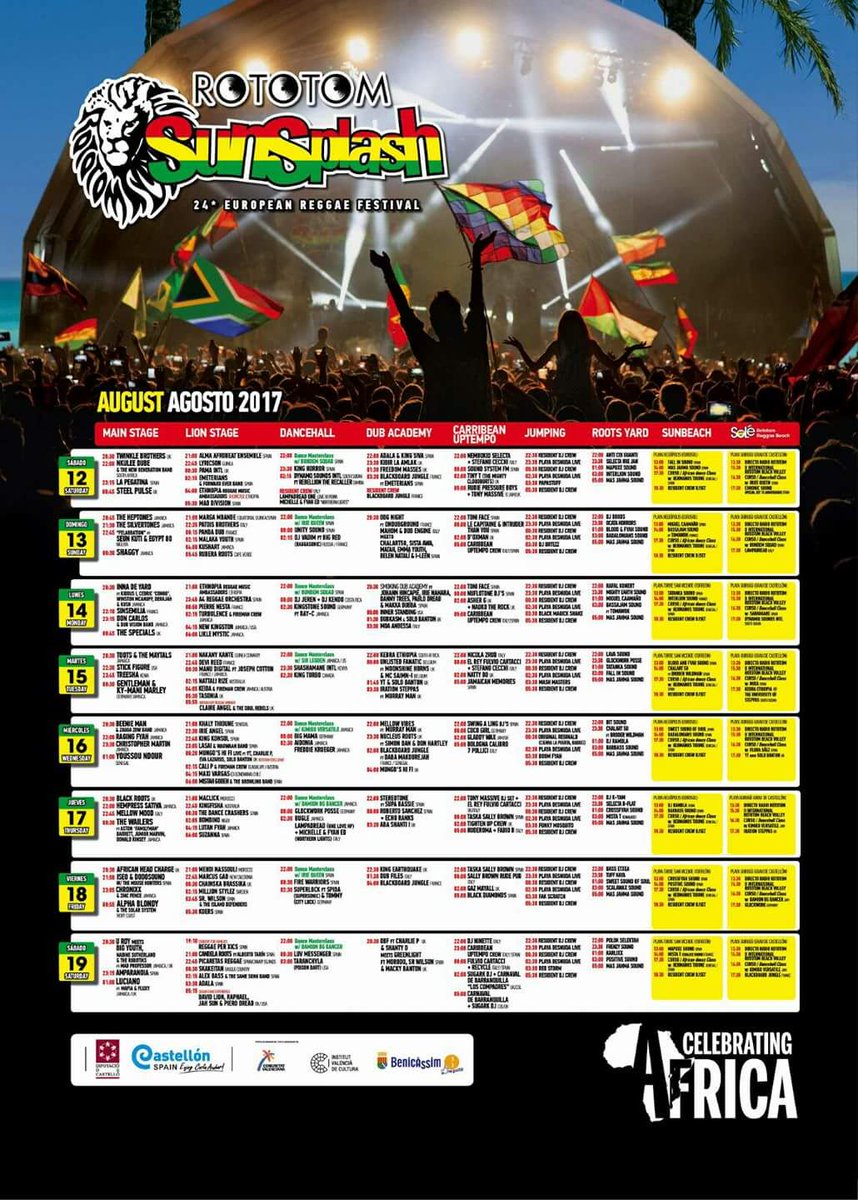 Todos los horarios de conciertos y mucho mas. Arranca <a href="/sunsplash_es/">Rototom Sunsplash es</a> <a href="/tmobenicassim/">Turismo Benicàssim</a> @alonsocanalj <a href="/AytoBenicassim/">Ayuntamiento de Benicàssim</a>