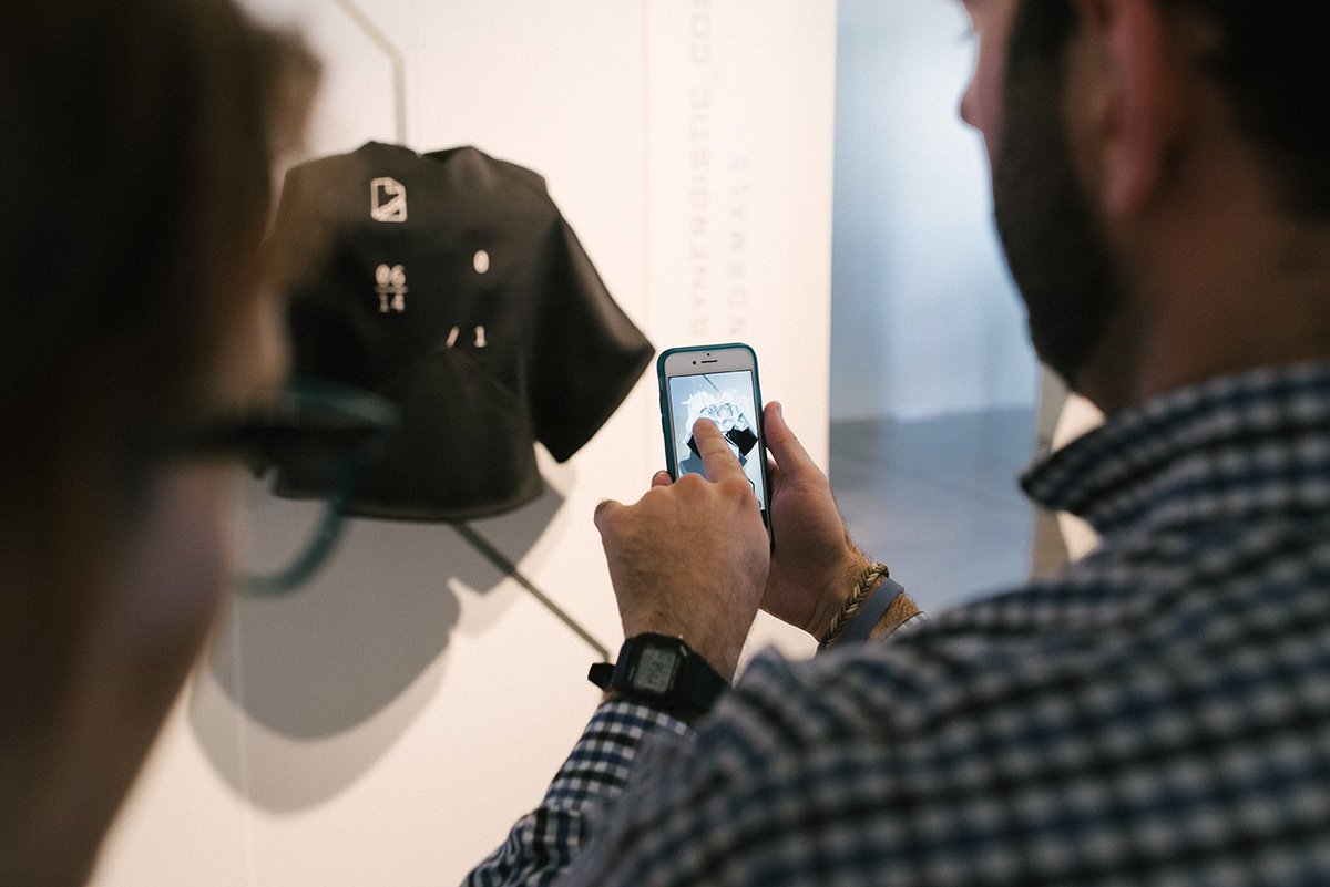 OKContemporary's tweet photo. There's an app for that! Visit #CodedCouture to see the outfit your social media crafts for you. Open till 5 today -- exhibit ends Monday! https://t.co/aVYlLpccyA