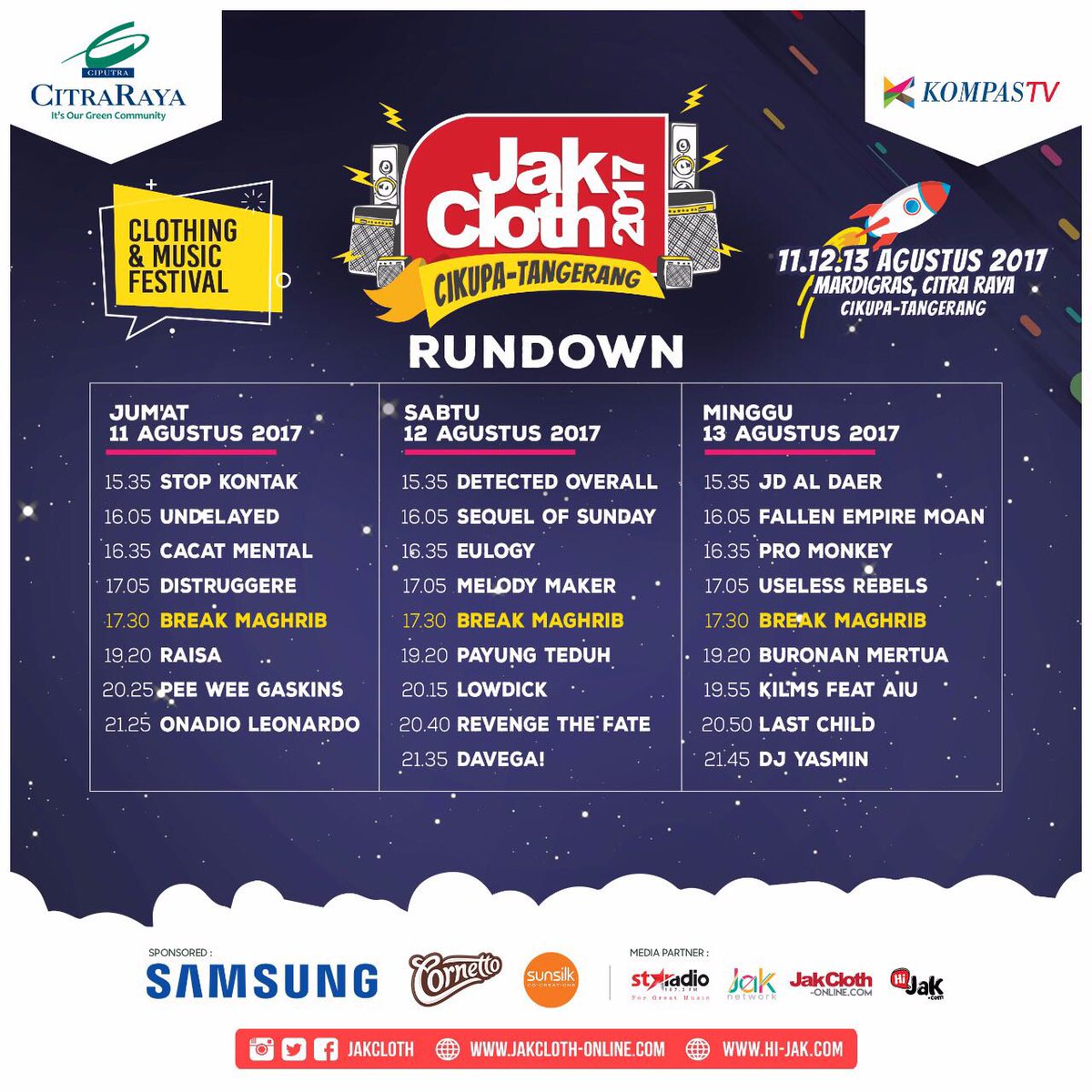 Besok kita main di Jakcloth Tangerang tepatnya di Mardigrass Citra Raya Cikupa. Kita main jam 17:05 Minggu 13 Agustus 2017. See you guys!