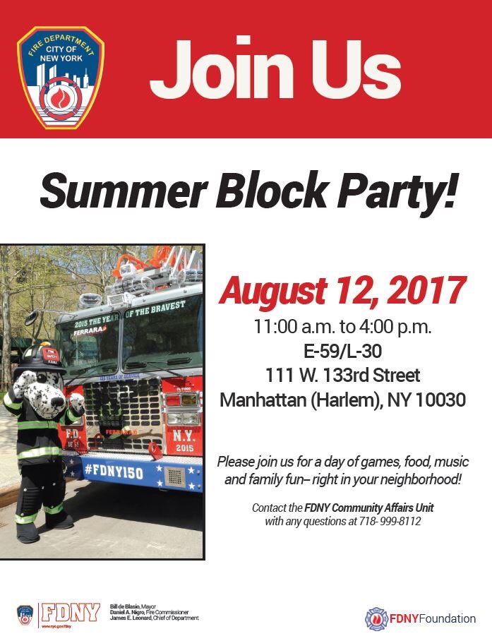 FDNYFoundation's tweet photo. Happening today: the #FDNY Block Party in #Harlem! We hope to see you at #Engine59 #Ladder30 111 W 133 St, 11am-4pm https://t.co/M2YAaLbZE3