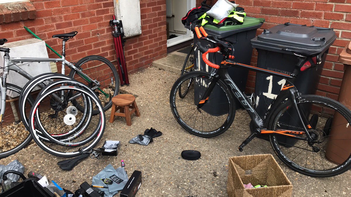 StrongJonSilver's tweet photo. Sorting kit out for Race Around Ireland. How many bikes in the picture? #kitprep #RAI2017 https://t.co/3IwxNMD0j7