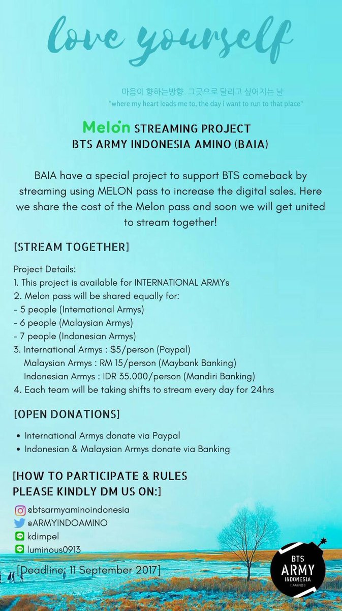 BTS_Bombproof's tweet photo. MELON STREAMING PROJECT
BTS ARMY INDONESIA AMINO  

⚠How to participate &amp; Rules Please kindly DM one of contacts in poster

#BAIA_MSP https://t.co/iO937odXam