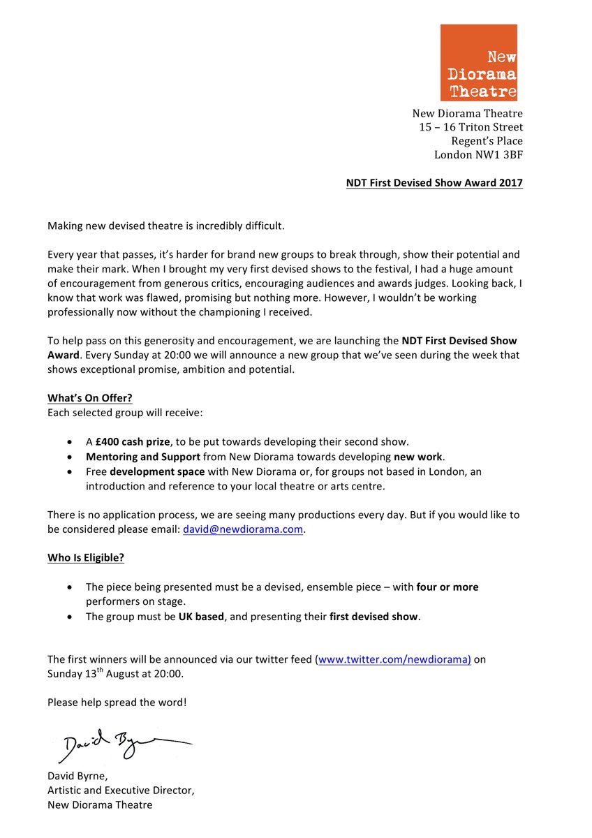 newdiorama's tweet photo. NEWS! Announcing the NDT First Devised Show Award. For new companies presenting devised ensemble work @edfringe. Please RT and share. https://t.co/o7XuW55sHJ