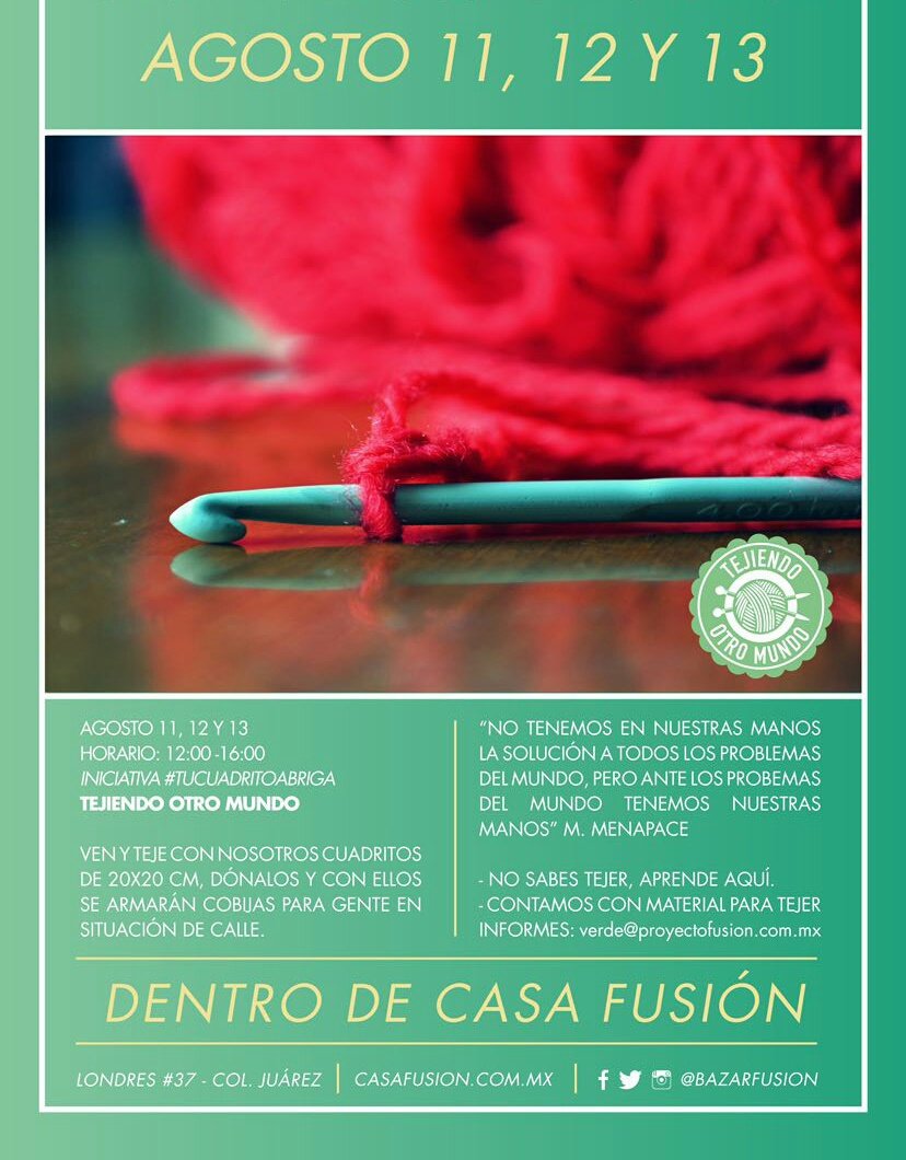 TejiendoOMundo's tweet photo. ¿Quién nos acompañará hoy y mañana en #VerdeFusion de @BazarFUSION? Ven a tejer: Tejetón #CDMX ✨ https://t.co/DGUUDVG12E
