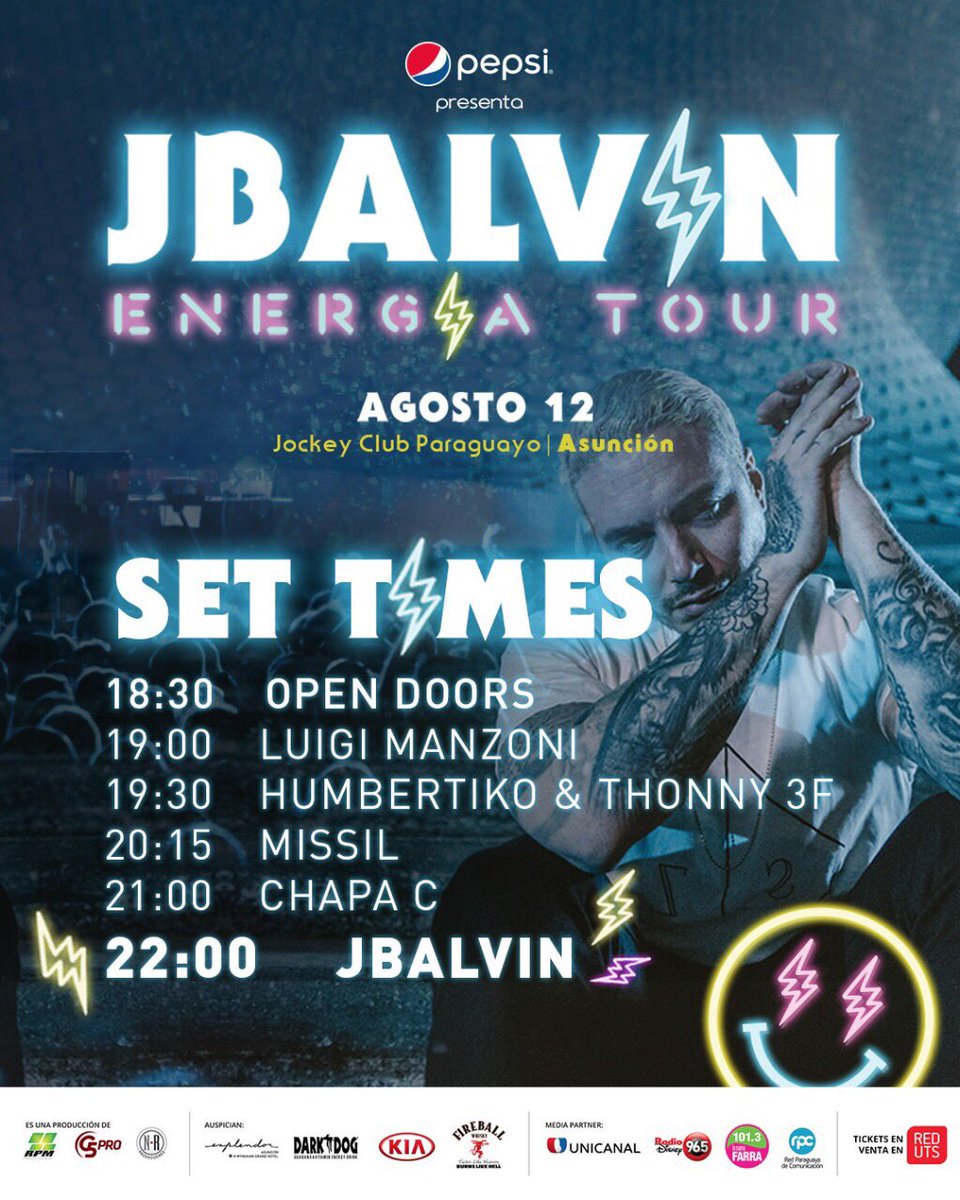 G5pro's tweet photo. ⚡JBalvin Energía Tour⚡
💥SET TIMES PARA EL SHOW DE ESTA NOCHE💥
Jockey Club
12/08 Tickets en @RedUTS_Py
NO SE SUSPENDE POR LLUVIA
#JBalvinEnPy https://t.co/mcvMFz5eTA