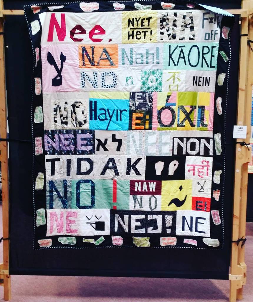 ColletteHowie's tweet photo. '"No means no in any language " on display at #foq2017 #aurifil #simplysolids https://t.co/xuqL1hZHh0 https://t.co/EwiI41GhH8