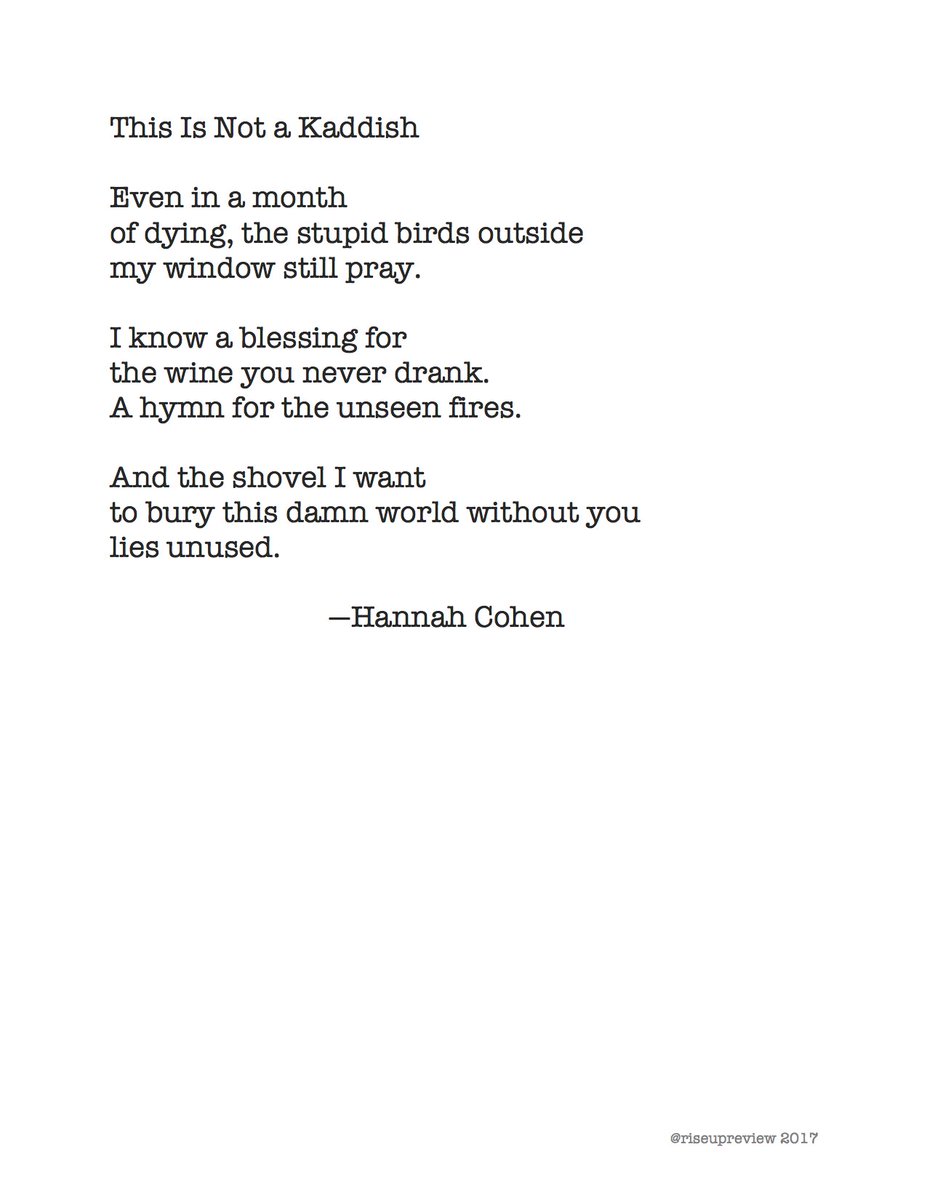 riseupreview's tweet image. Today's featured poem on riseupreview.com is by @hcohenpoet. If you like it, share! You never know who needs a poem. #Resistance