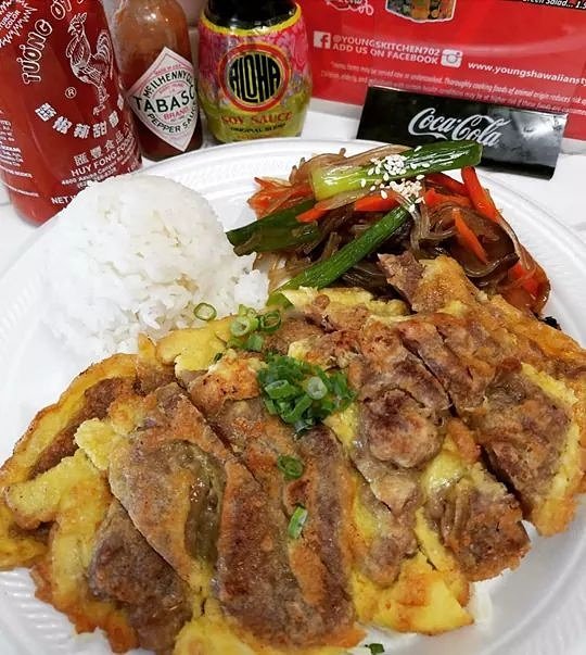 AlohaShoyuHI's tweet photo. Lunch special at Youngs Hawaiian Style Kitchen: #meatjun and #japchae with a scoop of rice! Enjoy with some #AlohaShoyu! #hawaii #yelphawaii https://t.co/1rdVKWnF4q