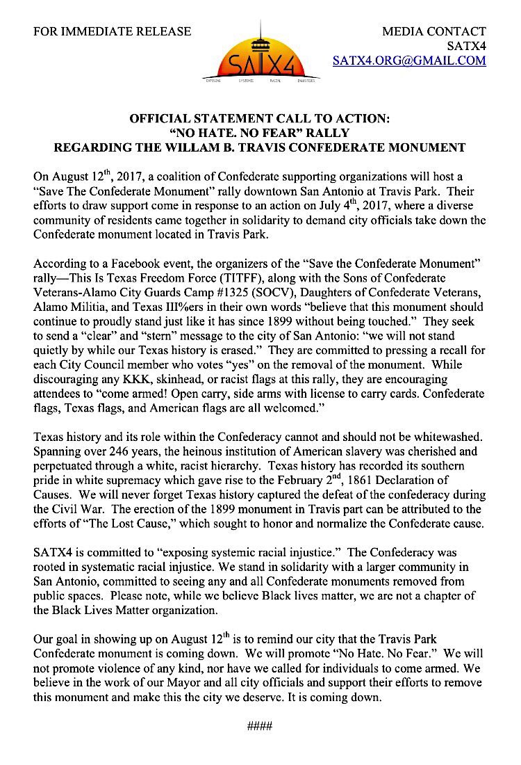 satx4____'s tweet photo. ICYMI: "No Hate. No Fear" rally today 1PM. This monument dedicated to the confederate dead promotes hate &amp; fear. No more  "It's coming down" https://t.co/1IyItuJIpJ