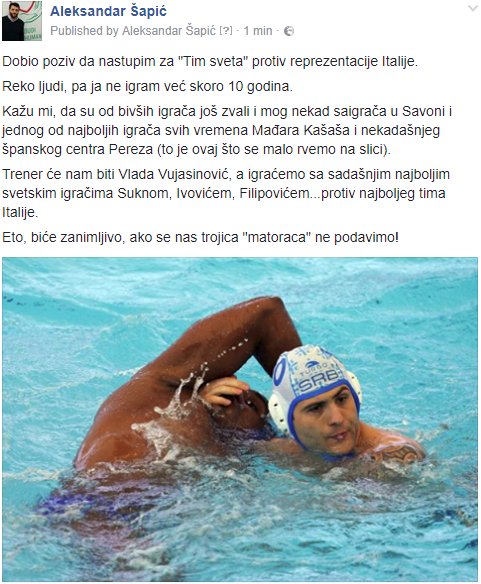 AcaSapic's tweet photo. Dobio poziv da nastupim za "Tim sveta" protiv Italije.
Rekao sam da hoću, ako se će da mi garantuju hitnu pomoć uz bazen, stalno spremnu. https://t.co/mdvD5NedDm