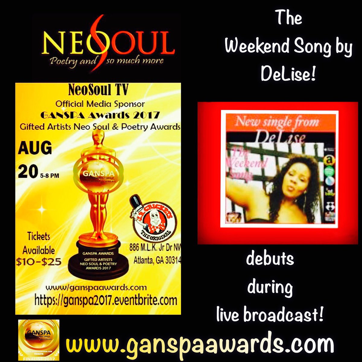 DeLiseTmgArtist's tweet photo. #NF @NEOSOULTV !  #OfficialMediaSponsor #coveted @GANSPAAWARDS  #GotTickets? #TheWeekendSongbyDeLise #debuts during #GANSPA2017 ! #Grateful https://t.co/aMS8PDoJ5J