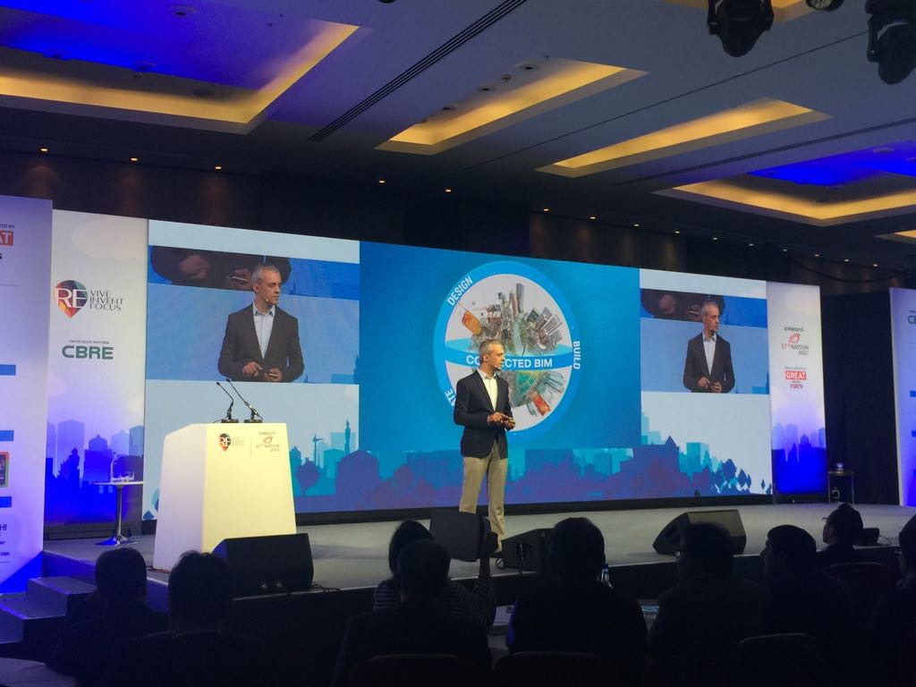 autodeskindia's tweet photo. "Connected BIM is disrupting the way buildings and infrastructure are designed, built, and used" @pnair_  #CREDAINatCon17 @CBRE_India https://t.co/TJy3nTZidc