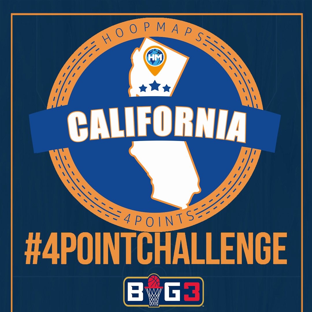 thebig3's tweet photo. Cali Hoopers, itโs your turn. Download @hoopsmaps app to find the nearest court then Submit your #4PointChallenge video to win BIG3 merch! https://t.co/WKTErLGlSe