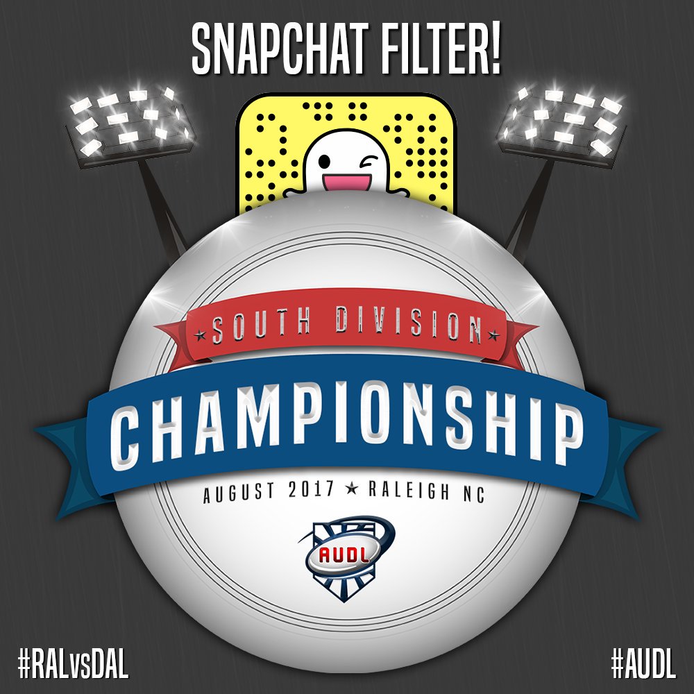 FlyersUltimate's tweet photo. Check out our custom #Snapchat filter at the game and @socaraleigh after-party! #RALvsDAL @theAUDL https://t.co/9ziYk3Axl8