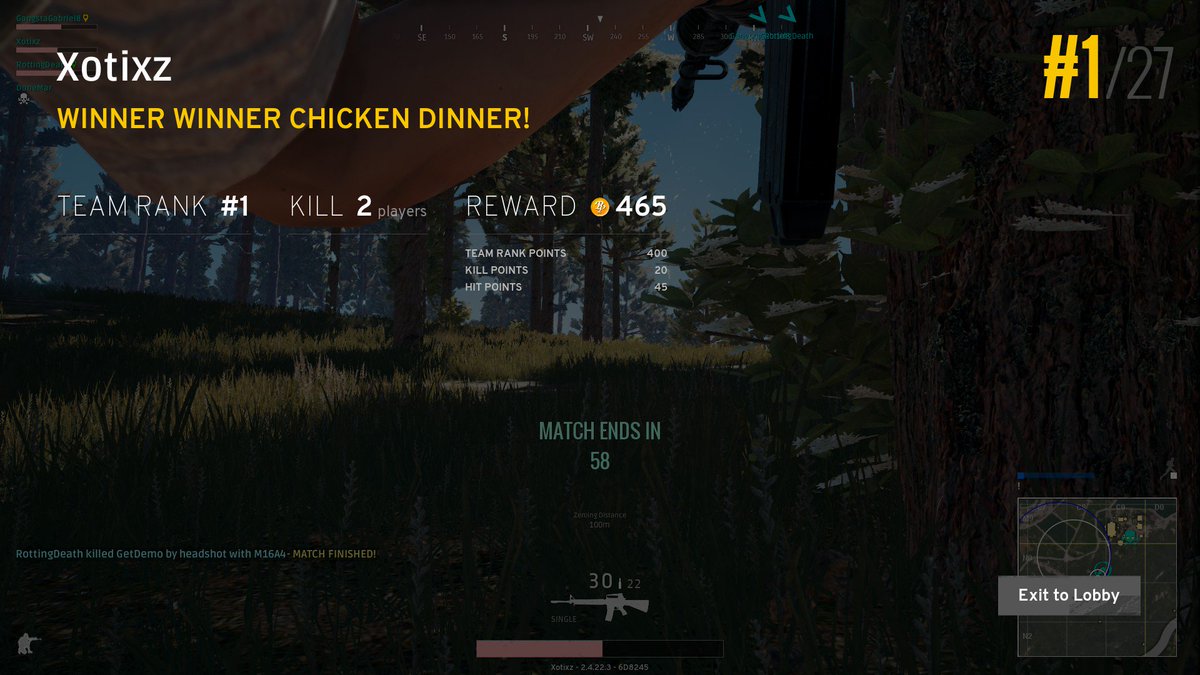 Xotixz101's tweet photo. 1st chicken dinner! I'm slowly getting there LOL! :D #PUBG #Noob #Gamer #Gaming #V4V https://t.co/wb2jghOuFk