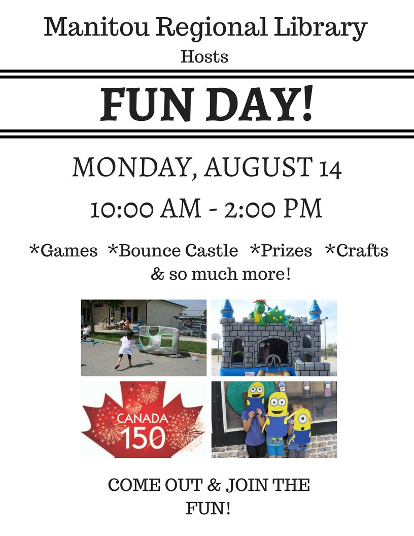 ManitouLibrary's tweet image. Don&apos;t forget FUN DAY is August 14 from 10 a.m. to 2 p.m. Main Street, Manitou. Free family fun for all ages. See you there!