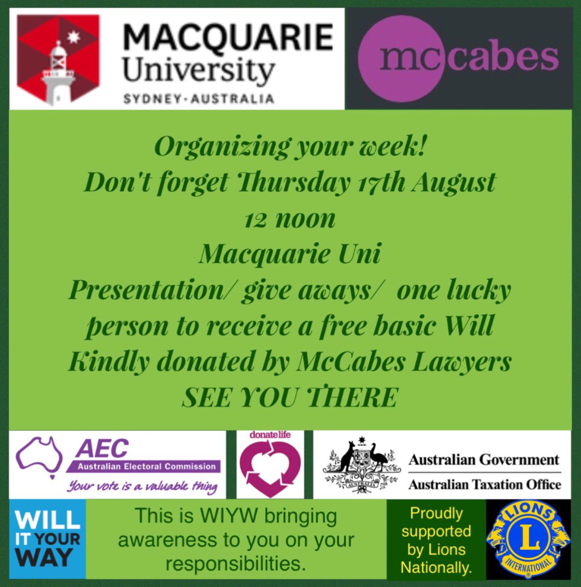 <a href="/Macquarie_Uni/">Macquarie University</a>  <a href="/westernsydneyu/">Western Sydney University</a> <a href="/McCabesLawyers/">McCabes Lawyers</a> <a href="/LayneCBeachley/">Layne Beachley</a> <a href="/Alicia_Coutts/">Alicia Coutts OAM</a> <a href="/AlexBlackwell2/">Alex Blackwell</a> <a href="/therealbigmarn/">Darryl Brohman OAM</a>